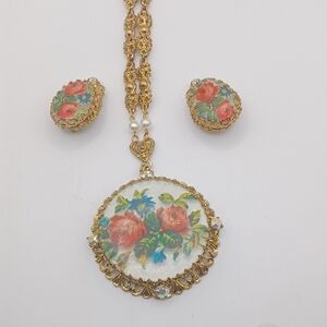 Western Germany Floral Gold Tone Filigree Jewelry Set